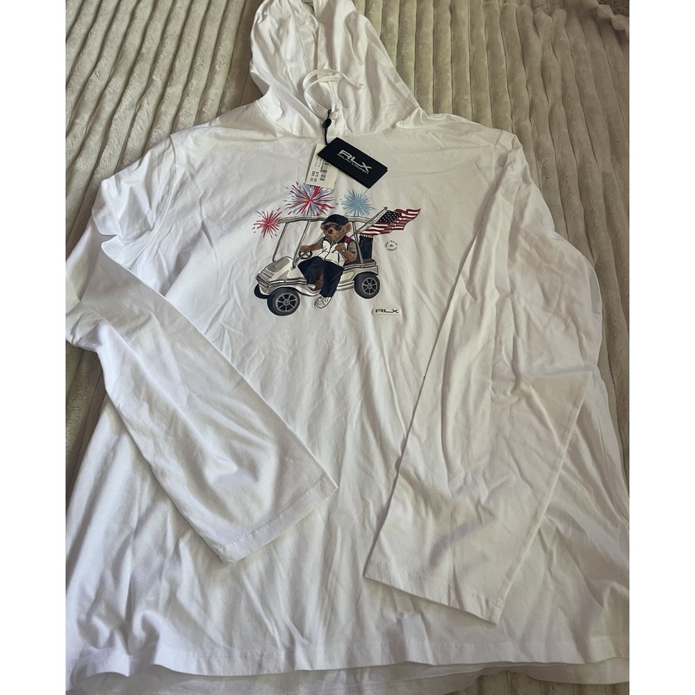 NWT RLX Ralph Lauren Polo Bear Hoodie Shirt Golf White Pullover USA Americana XL